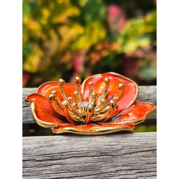 Vintage Monet Orange Enamel & Rhinestone Flower Brooch Pin, Gold Tone - Picture 4 of 10